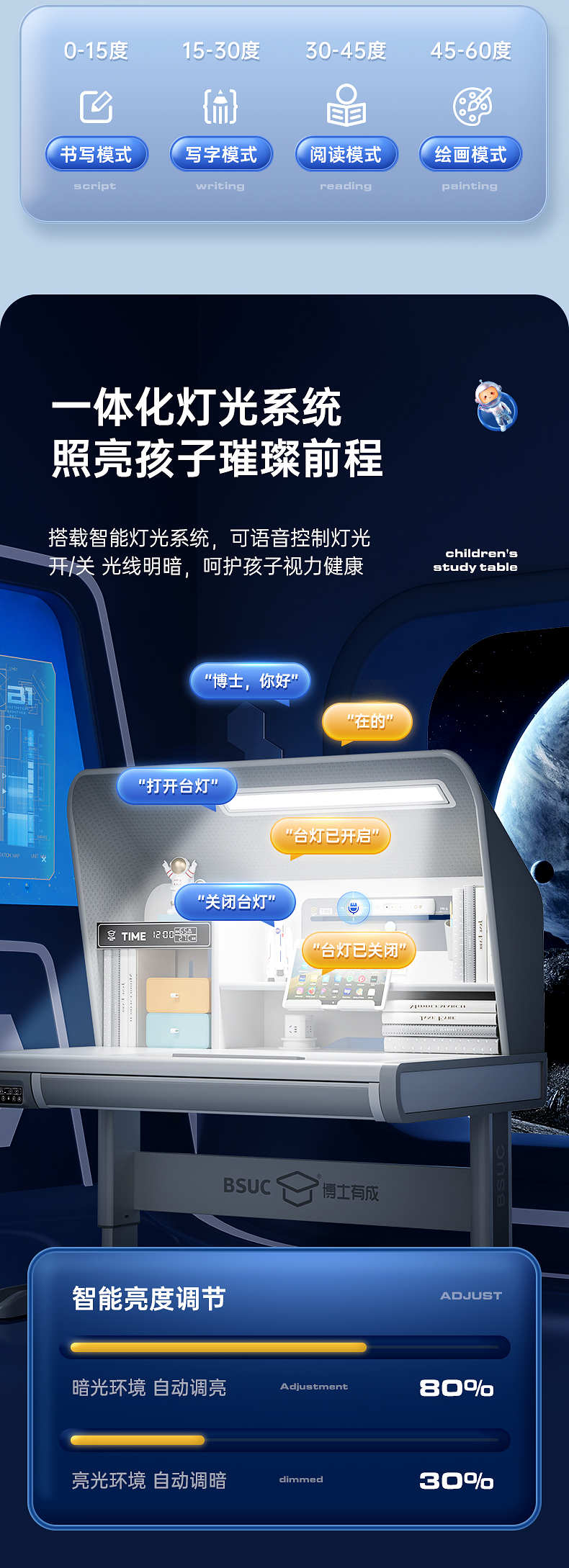 太空一號(hào)AI智能學(xué)習(xí)桌采用一體化燈光系統(tǒng)